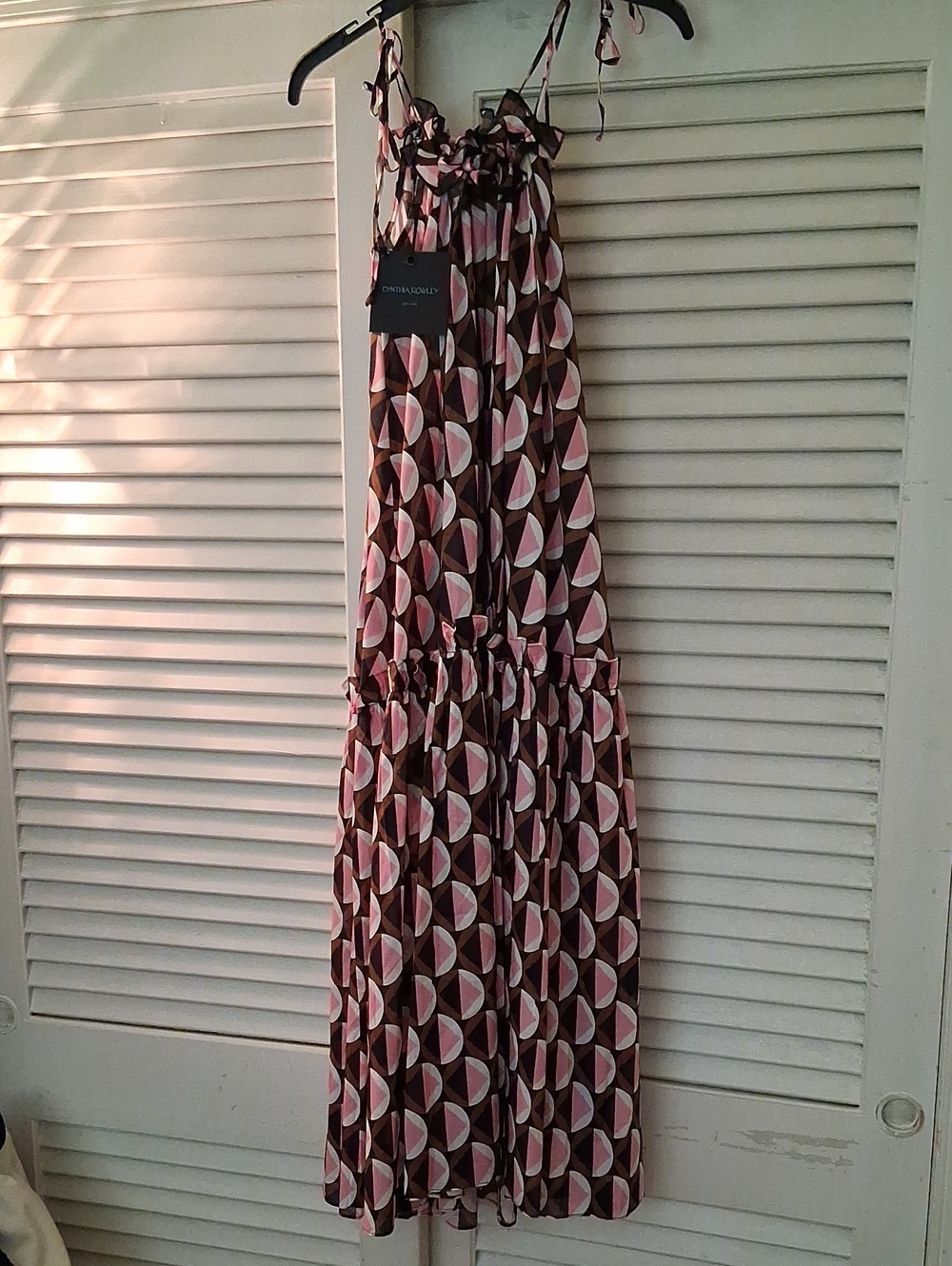 Cynthia Rowley Geometric Print Tie-Shoulder Maxi Dress in Pink & Brown